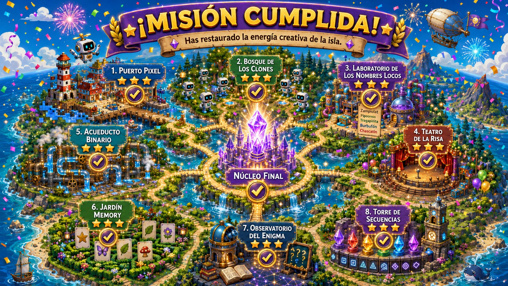 ¡Misión cumplida! Has restaurado la energía creativa de la isla.