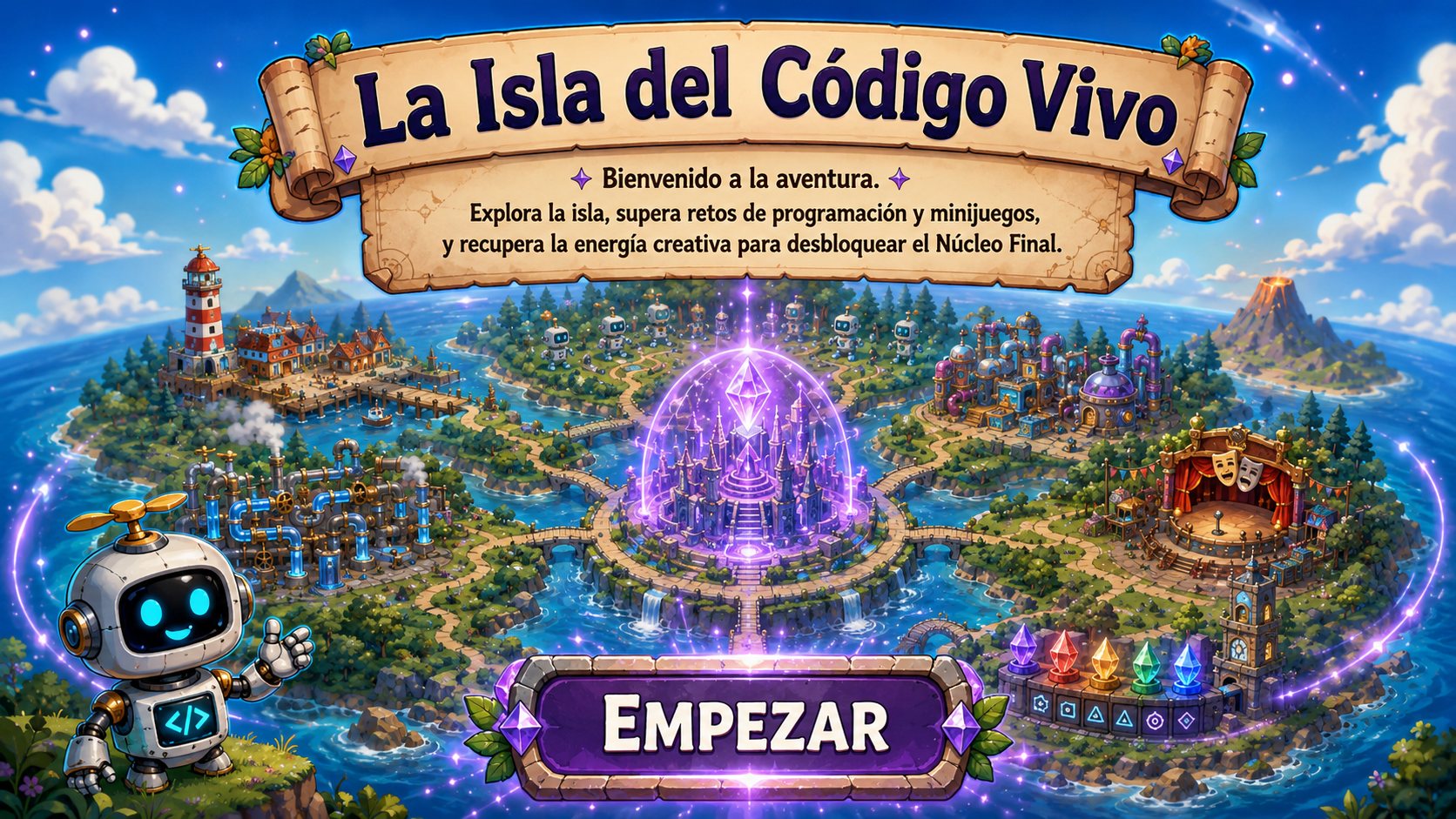 La Isla del Código Vivo — pantalla de bienvenida
