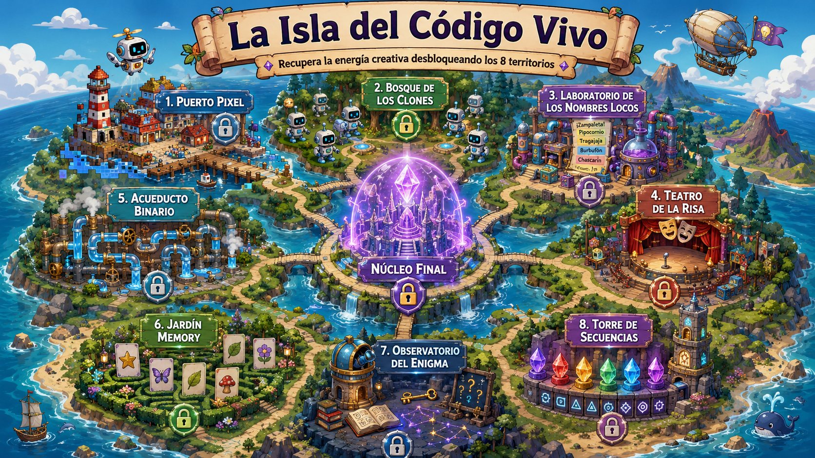 Mapa de la isla con los 8 territorios